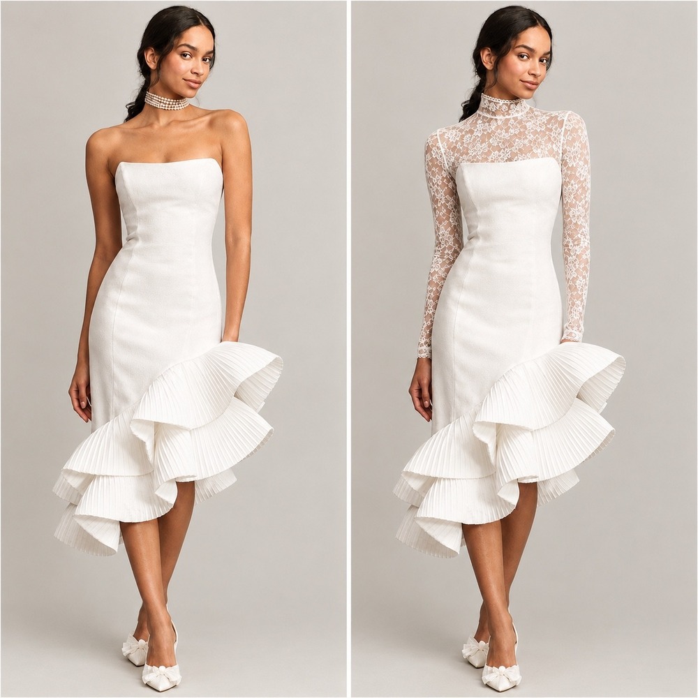 BHLDN Flamenco-Hem Asymmetrical Midi Dress White Pleated Ruffle Tiered Small